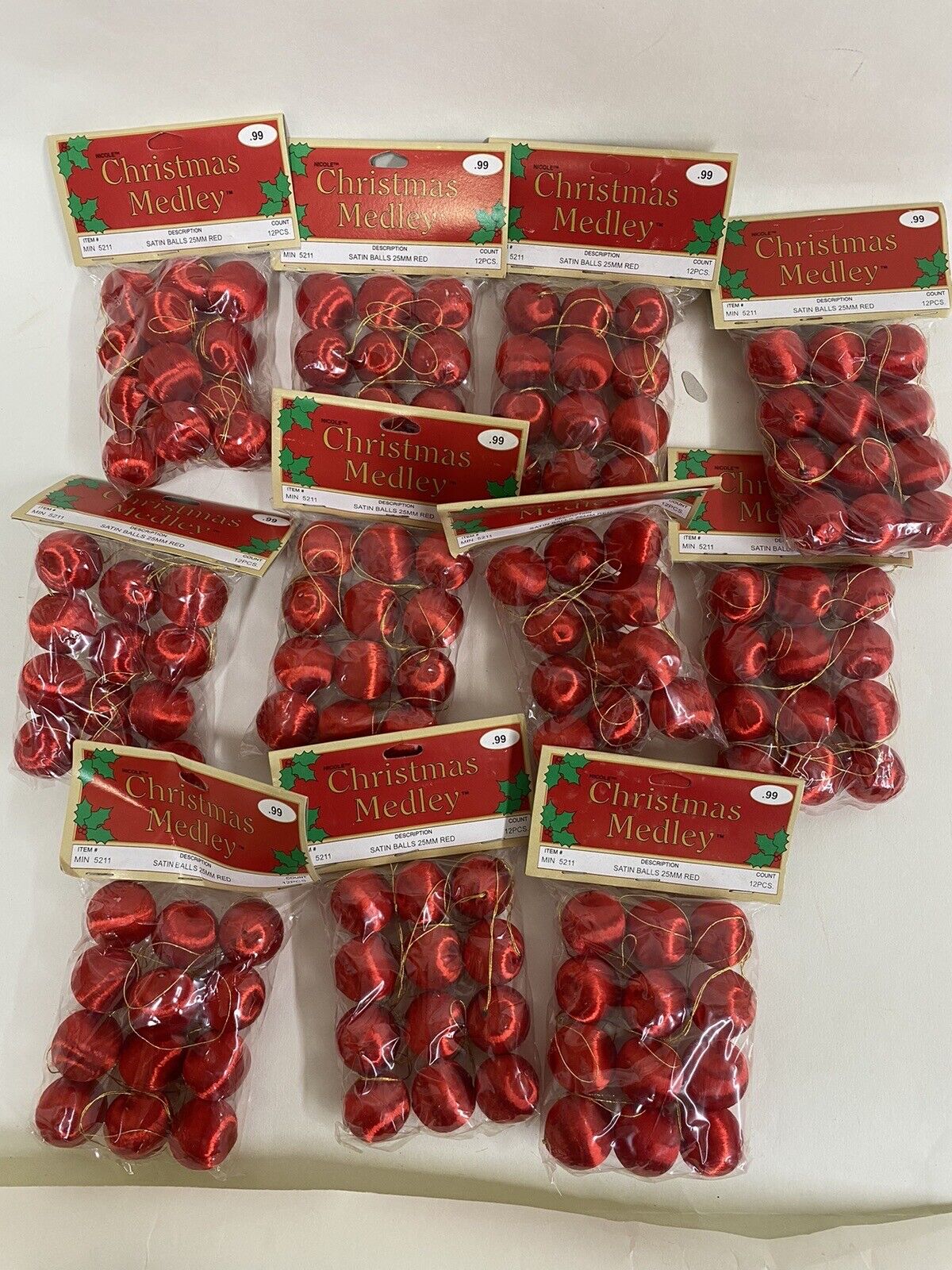 Vintage 144 Unbreakable Red Satin Ball Decorations Christmas Ornaments MINI 25mm