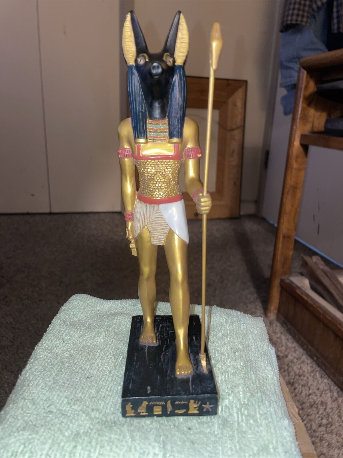 Egyptian Statue Anubis, Standing Holding Staff, God of Afterlife Mummification