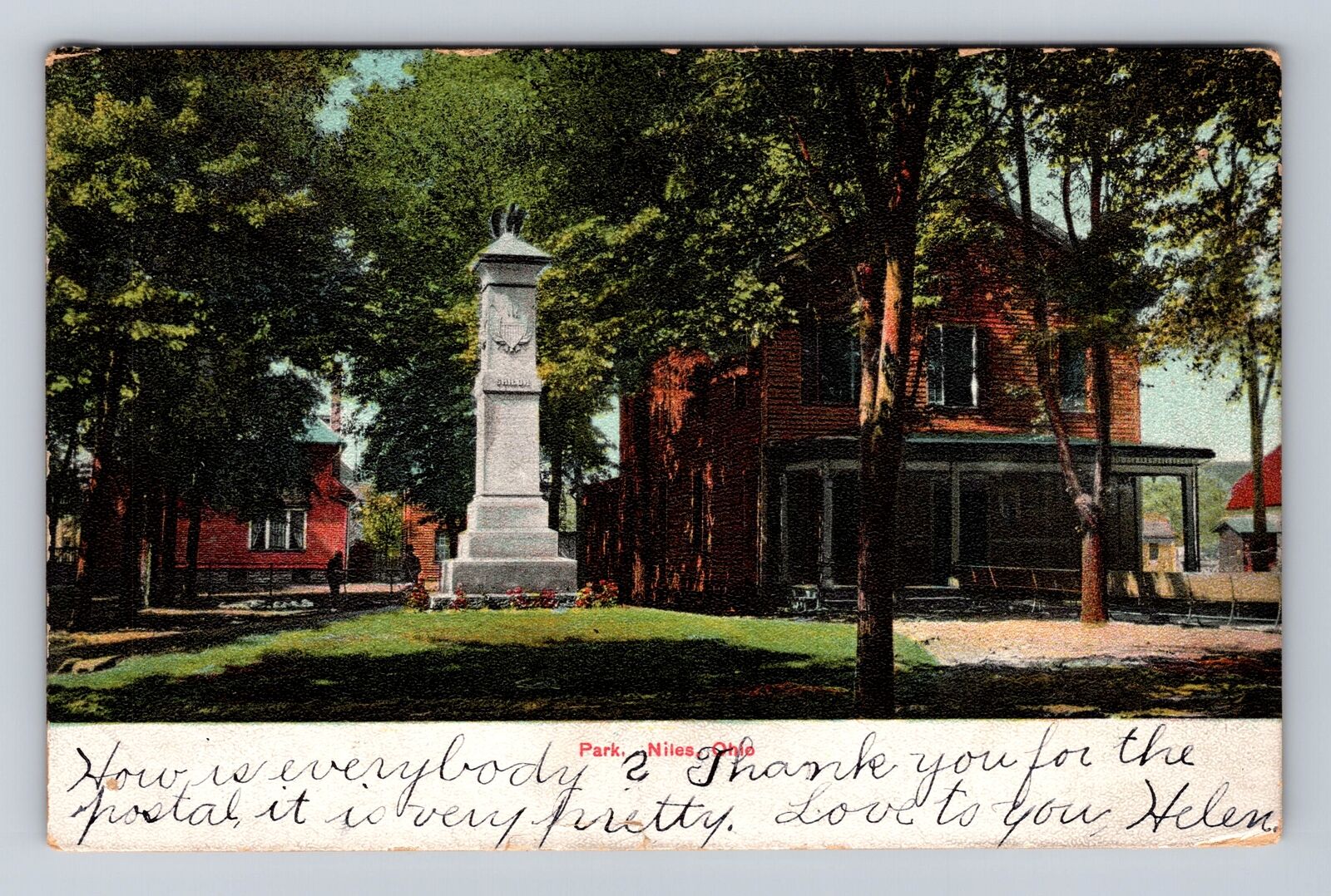 Niles OH-Ohio, Monument in Park, Antique Vintage Souvenir Postcard