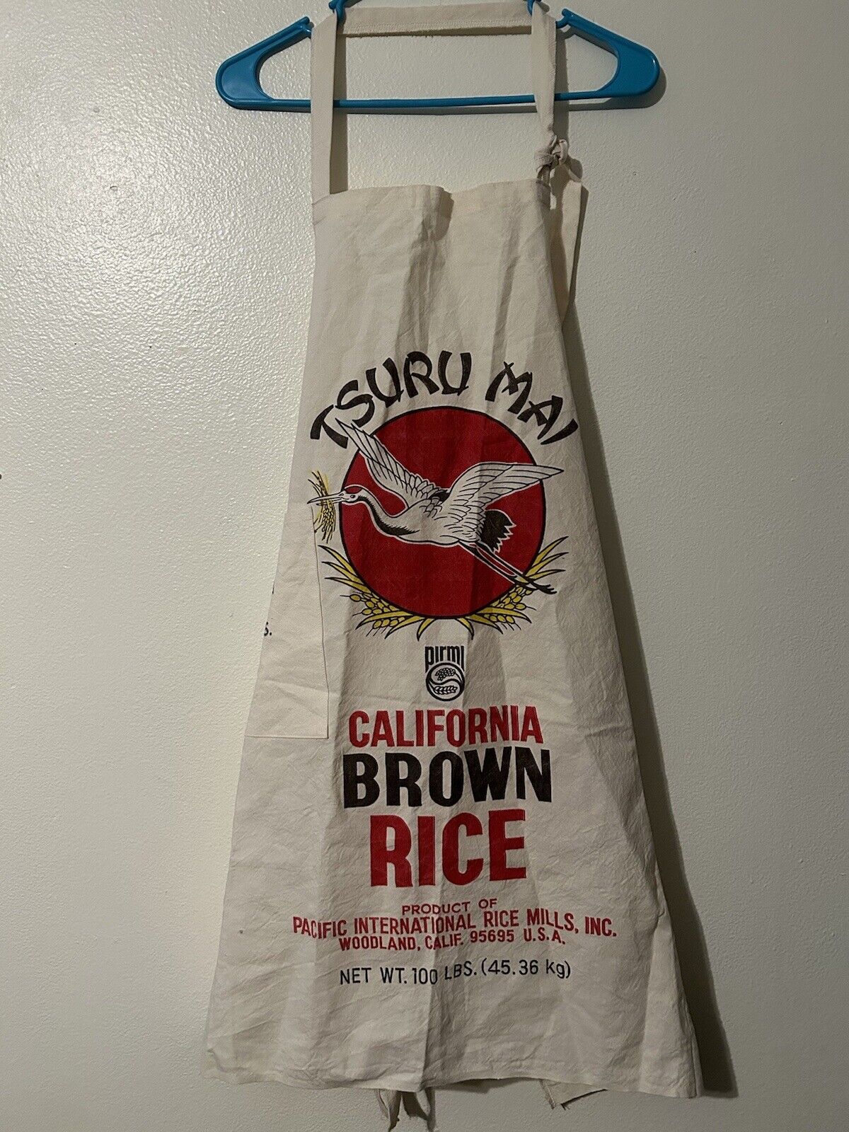 Vintage Rice Sack Apron TSURU MAI Crane Hawaii California Brown Rice