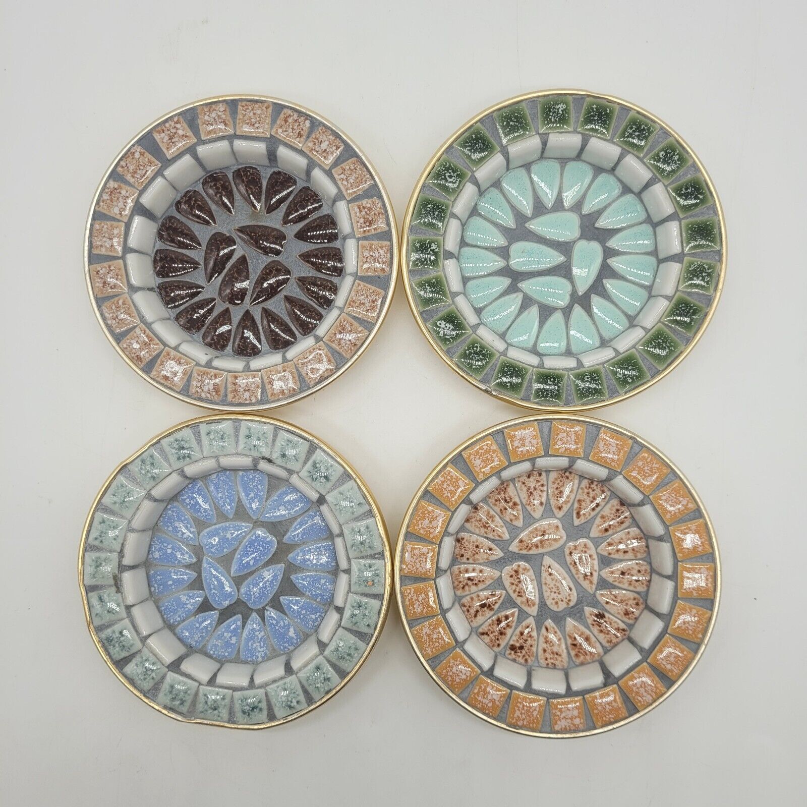Vintage Mosaic Tile Metal Wrapped Ashtray Trinket Dish Set of 4 Made in Japan