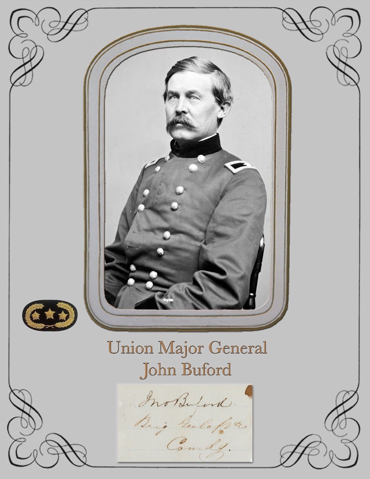 Civil War Major General John Buford,COPY of portrait & Copy of autograph card