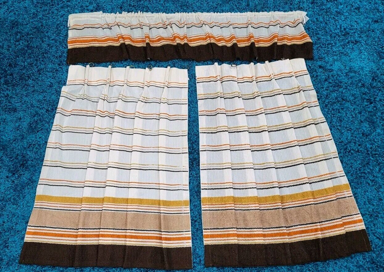 Vintage Sears Perma-Prest Curtain Panels & Valance Striped Brown Orange Gold