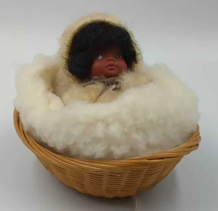 Vintage Canadian Eskimo Doll In A Basket Figurine 