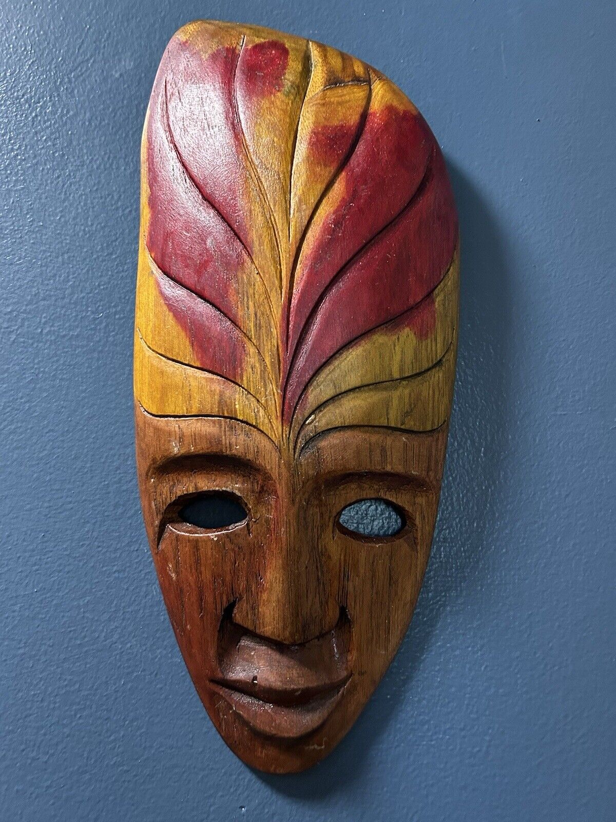 VTG African Warrior Wooden Wall Hanging Mask, Hand Carved & painted Red-Yellow