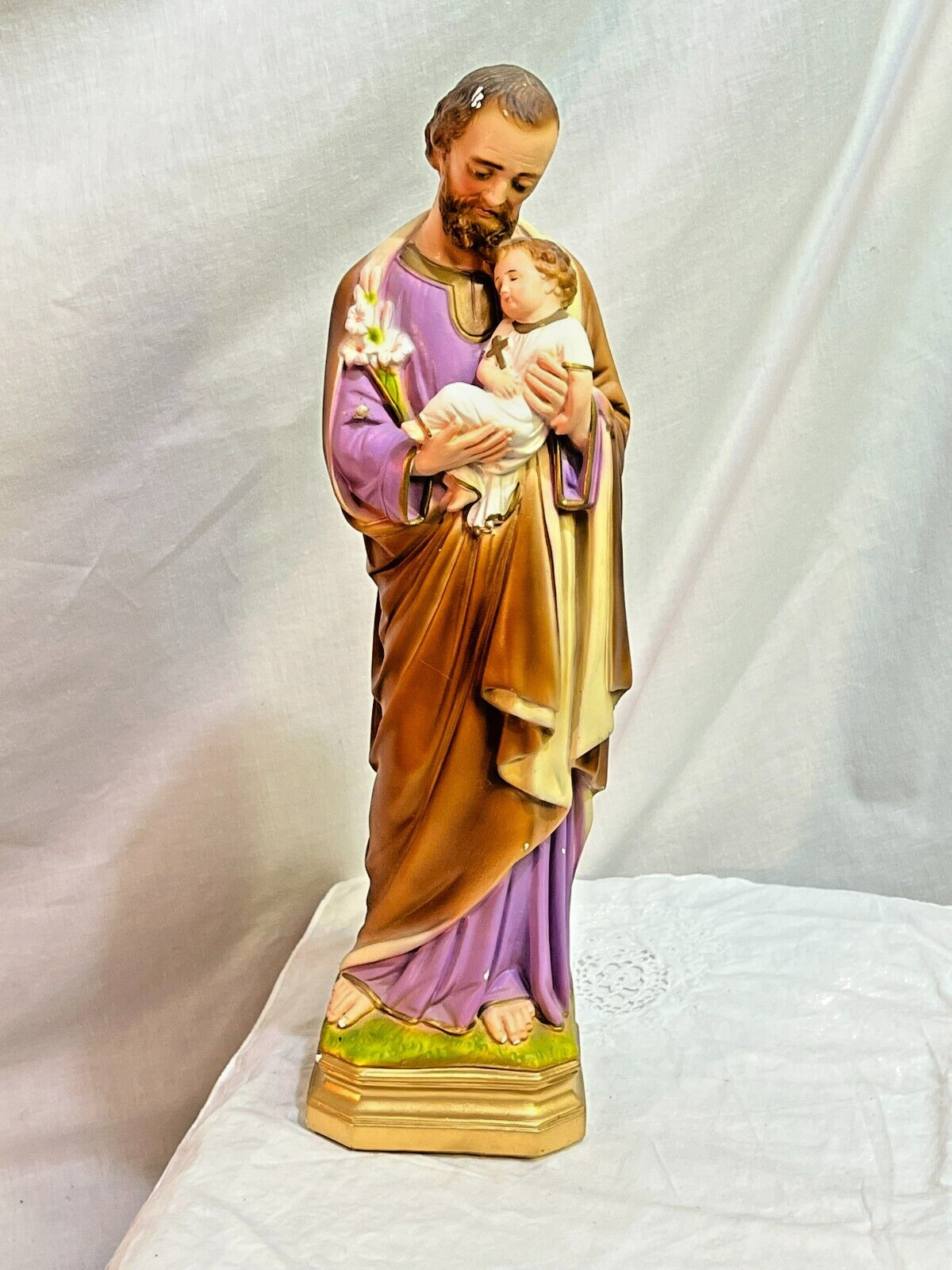 Antique St. Joseph with baby Jesus child  Chalkware Statue 17  in