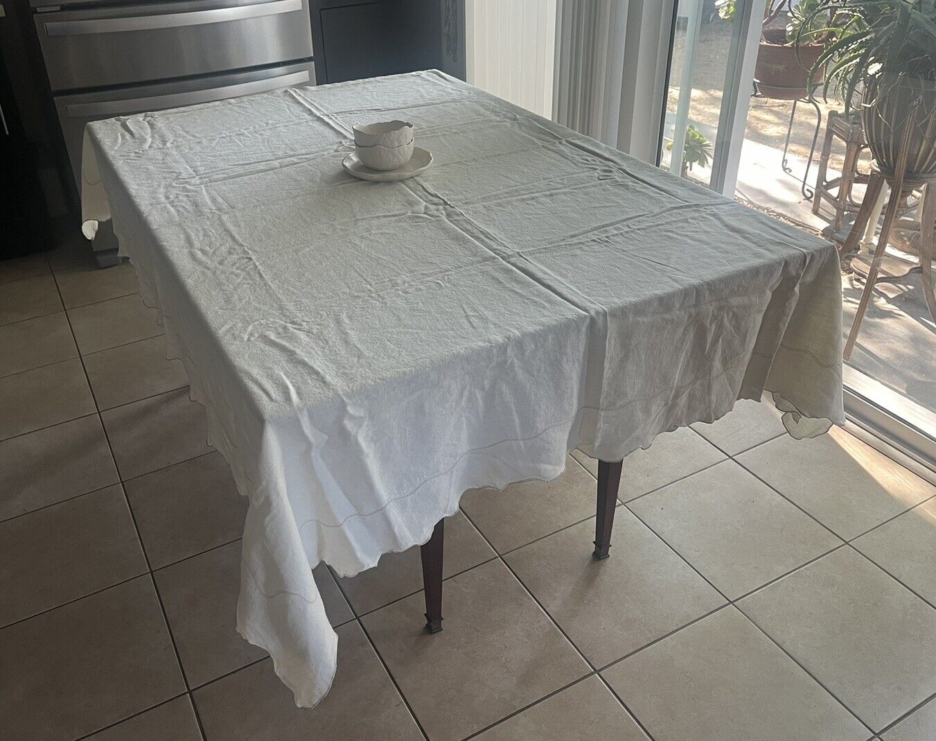 Vintage Cotton Linen Tablecloth Ivory 78 X 64” Cottage Farmhouse Boho Organic