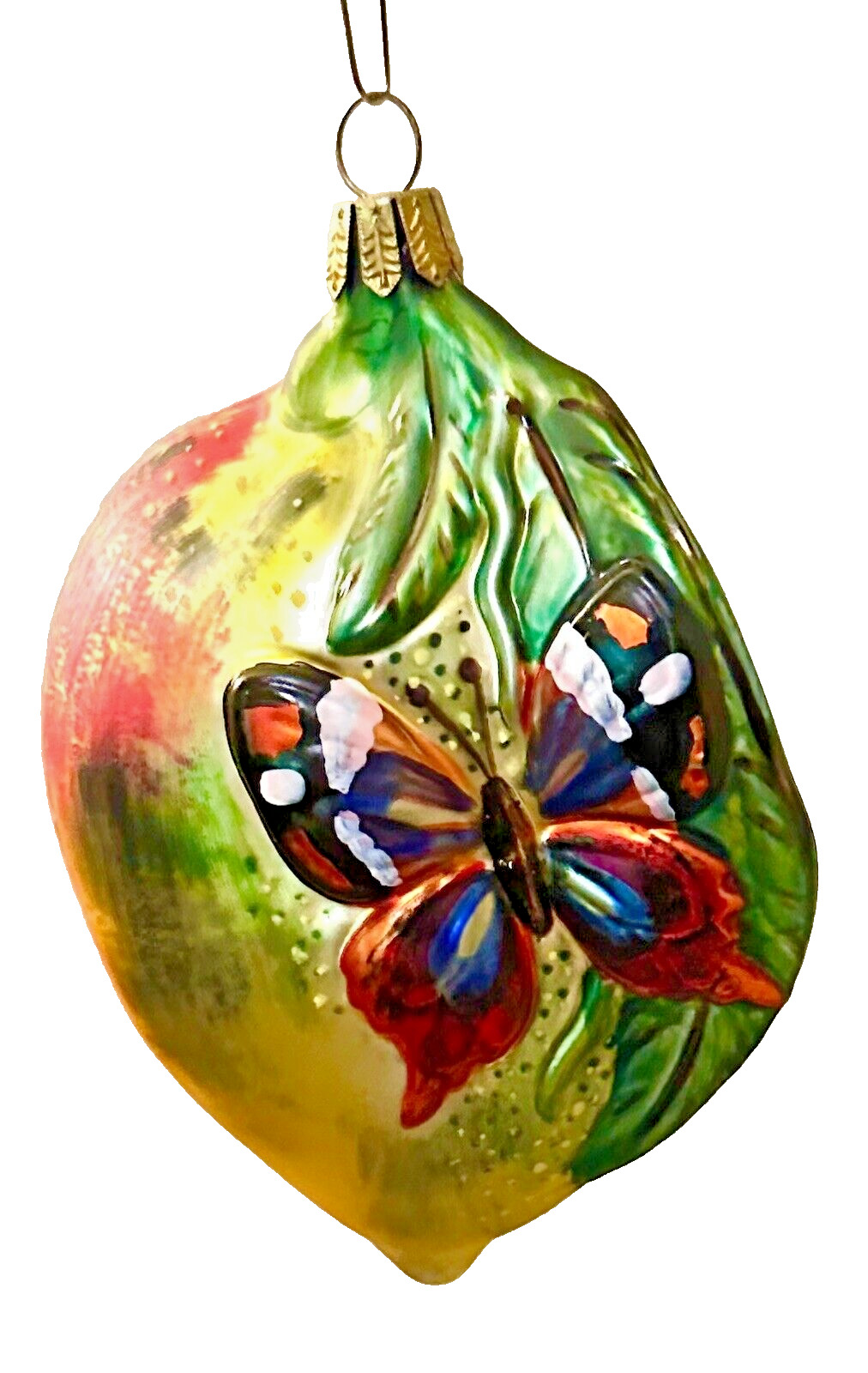 Butterfly on Peach Christmas Ornament - Germany - Vintage Blown Mercury Glass