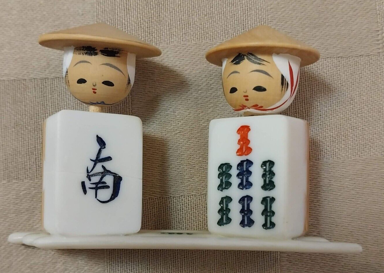 Vintage Japanese Kokeshi Doll Heads on Majong Game Tiles Figurine