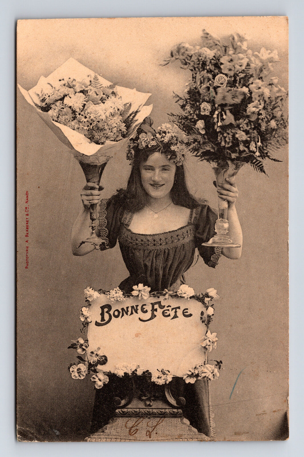 French Albert Bergeret Bonne Fete Woman Small Waist Flowers PHOTOTYPIE Postcard