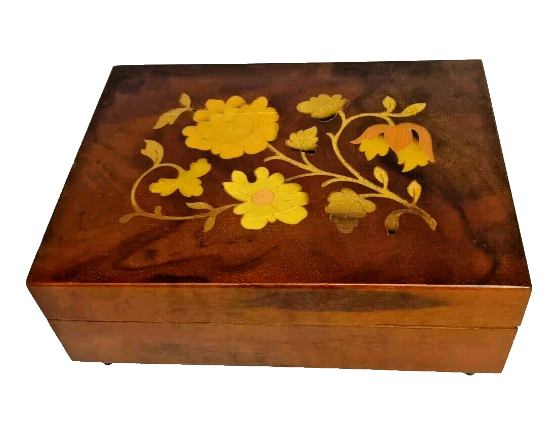 Vtg REUGE Floral Inlay Wood Music Box Trinket Jewelry Edelweiss Made in Italy