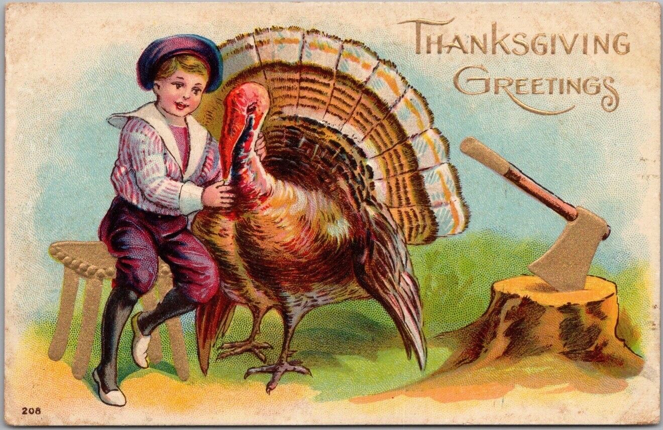 Vintage 1910s THANKSGIVING Embossed Postcard Boy About to Behead Poor Turkey