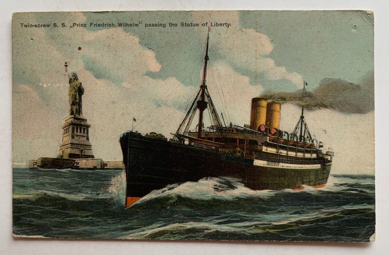 1908 Ship Postcard Norddeutscher Lloyd SS Prinz Friedrich Wilhelm Statue Liberty
