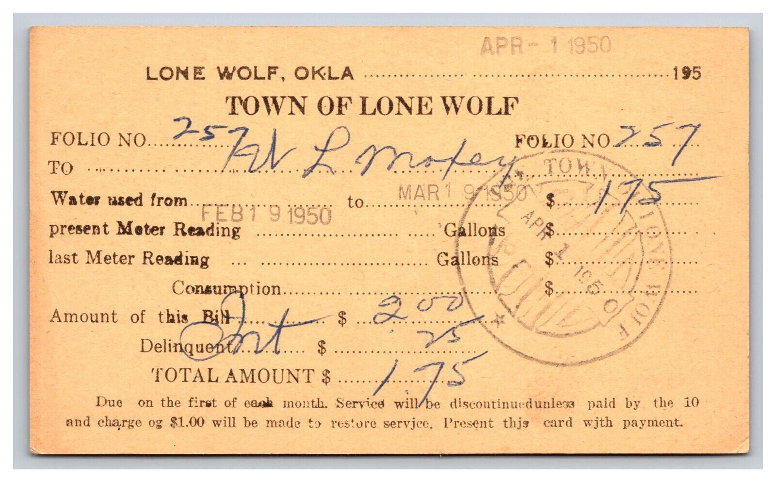 Water Bill, Meter Reading, 1950, Lone Wolf Oklahoma OK Postcard