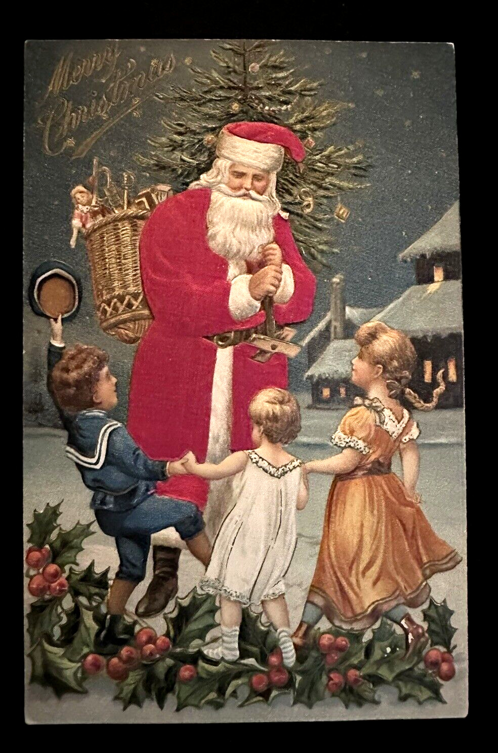SILK Santa Claus with Happy Children~Toys~Antique Christmas Postcard~k380