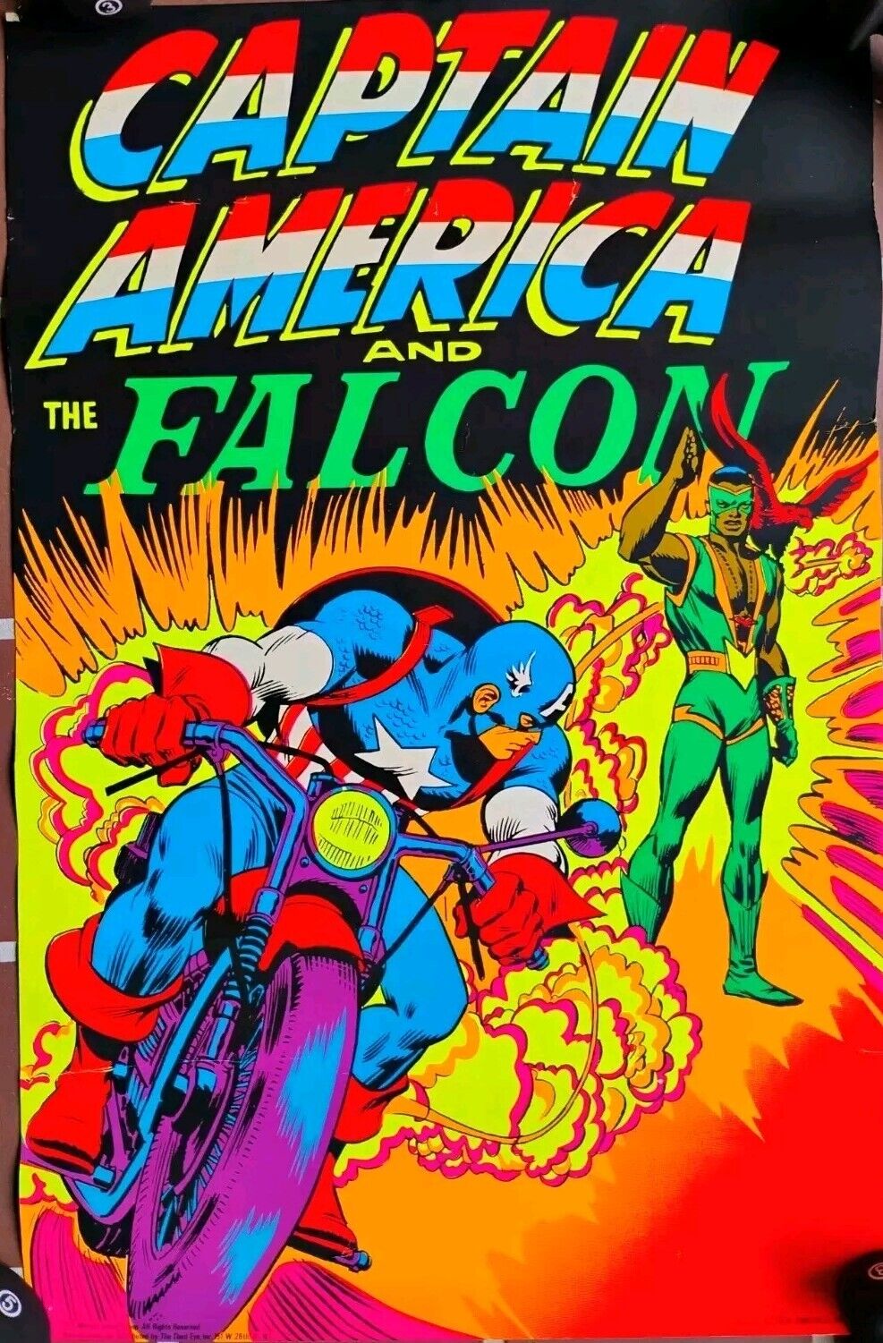 VINTAGE Captain America and Falcon Marvel THIRD EYE Black Light Poster 1971