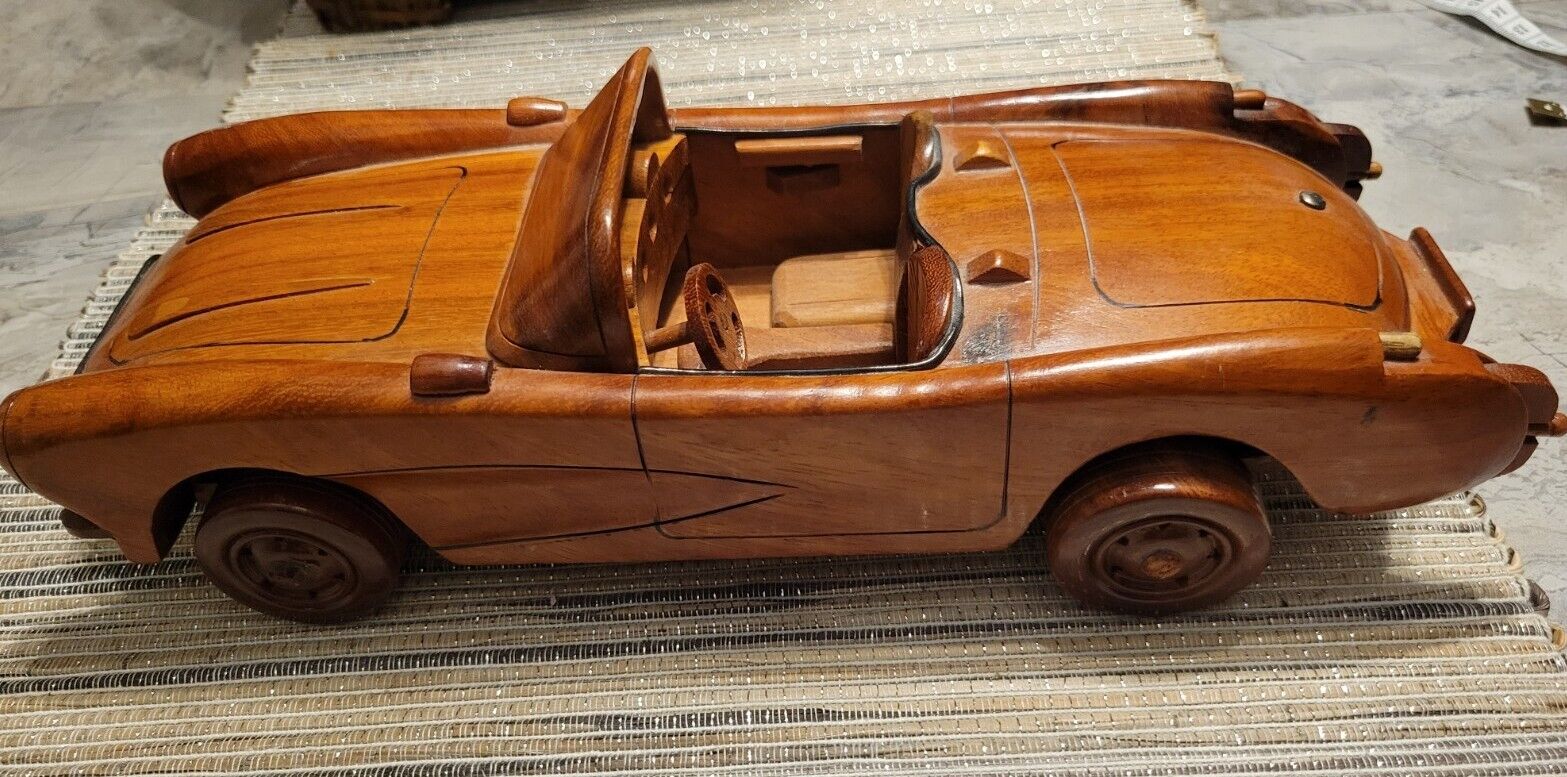Wood Car Corvette 1957 Moveable Wheels Handmade Genuine Mahogany Wood Nice