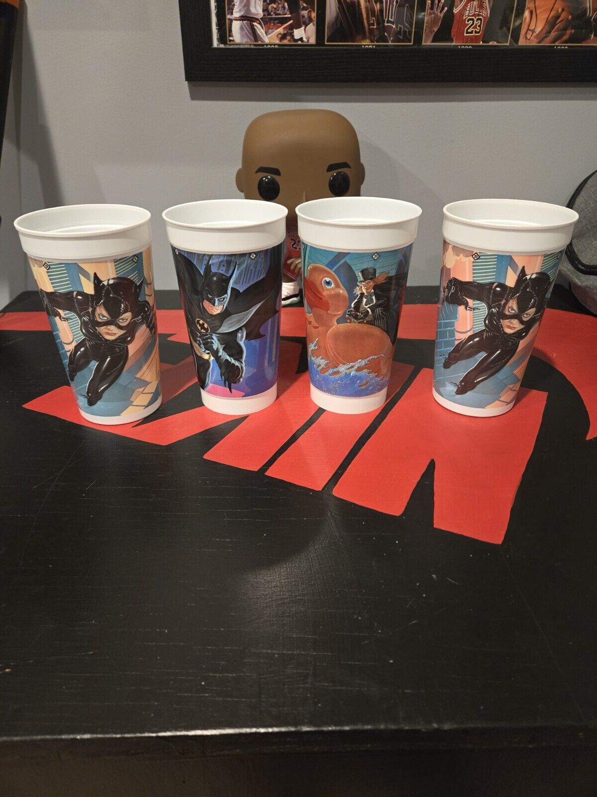 McDonald\'s, 1992 Batman Returns Plastic Cups Set of 4 PENGUIN BATMAN Catwoman 