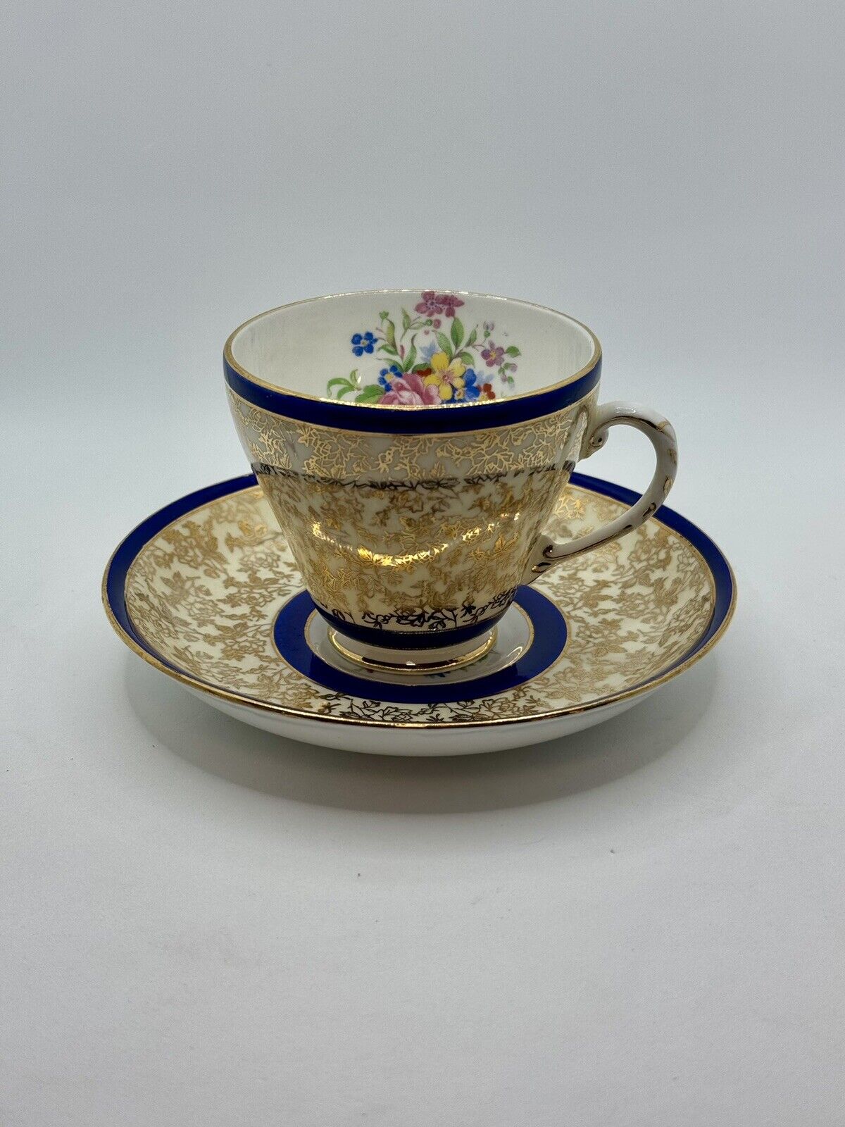 Vintage Royal Grafton Blue Gold Chintz Teacup & Saucer