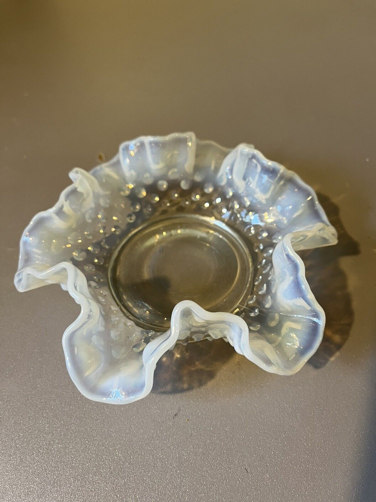 Fenton Moonstone Opalescent Hobnail Ruffled Glass Candy Dish