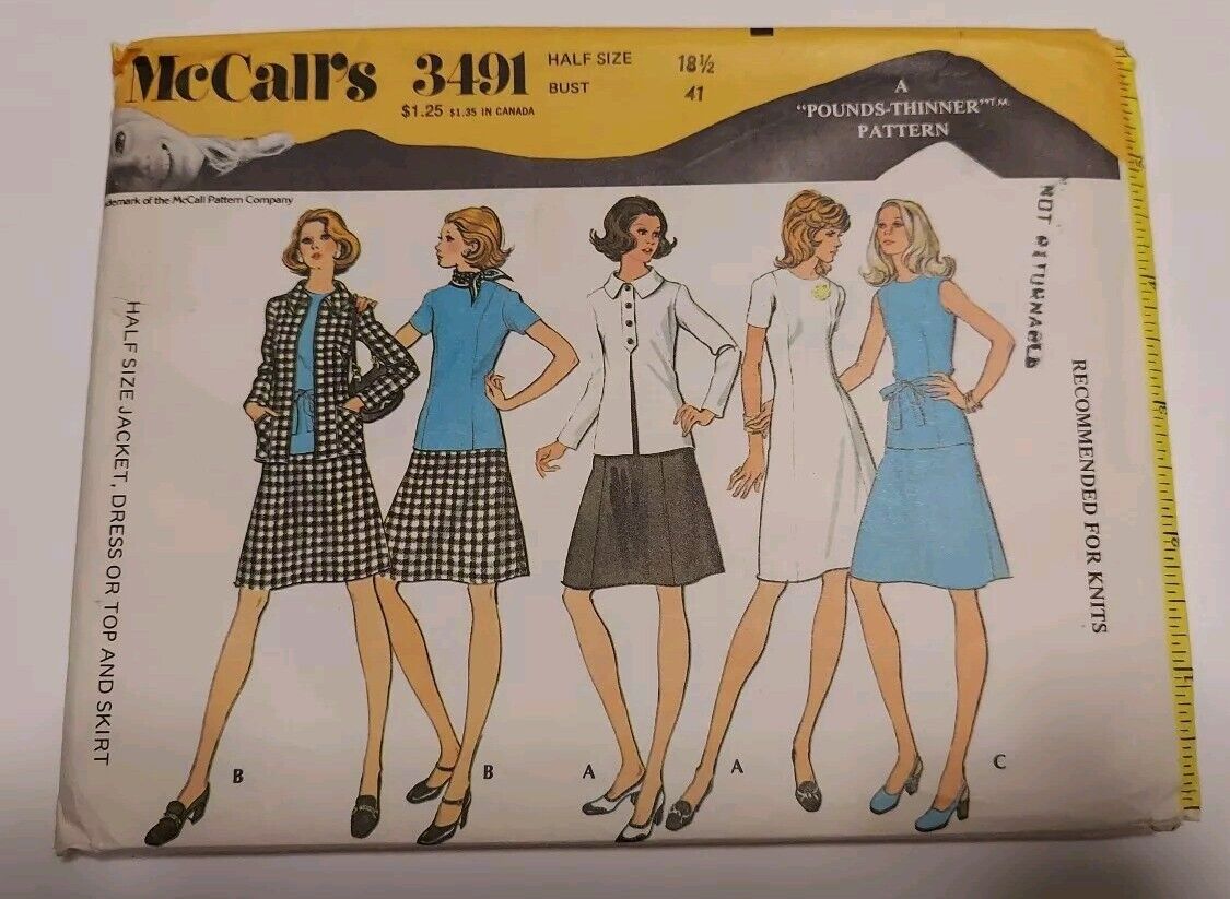 Vintage McCall's 3491 Misses Jacket Dress Top & Skirt Pattern For Knits Sz 18.5