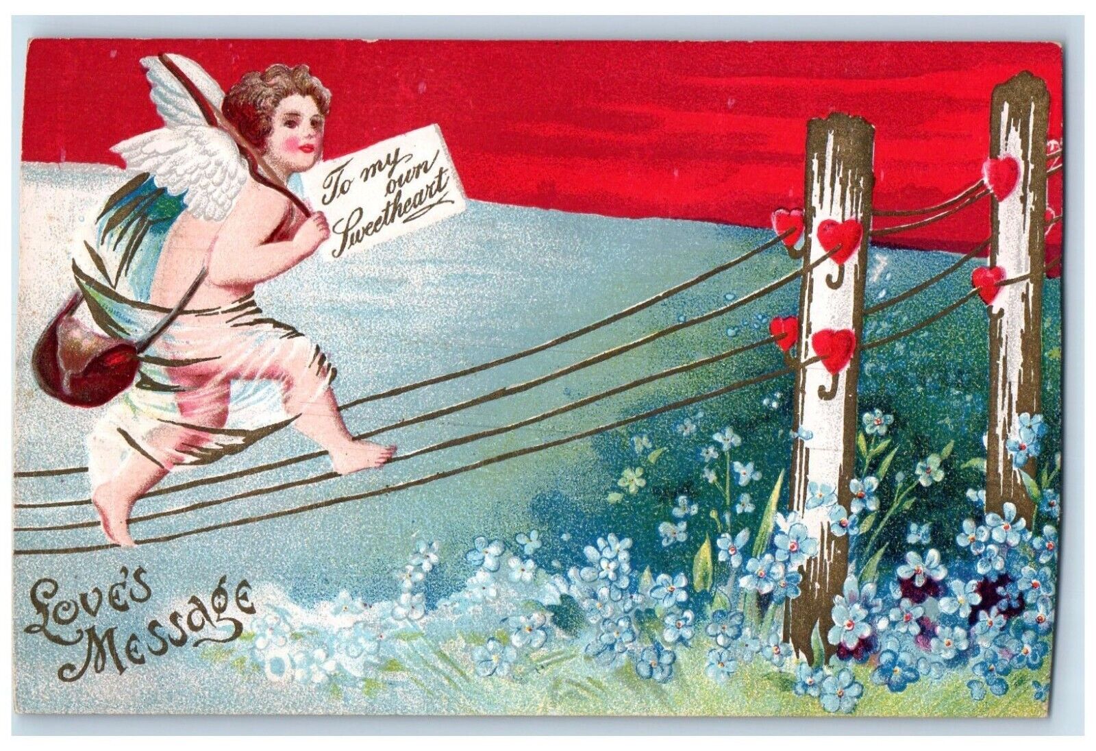 c1910\'s Valentine Cupid Angel Sending Mail Pansies Hearts Embossed Postcard