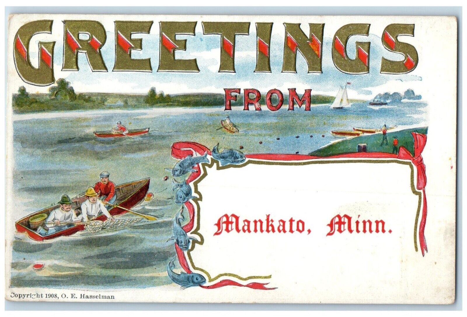 1915 Greetings From Embossed Canoe Fishing Mankato Minnesota MN Vintage Postcard