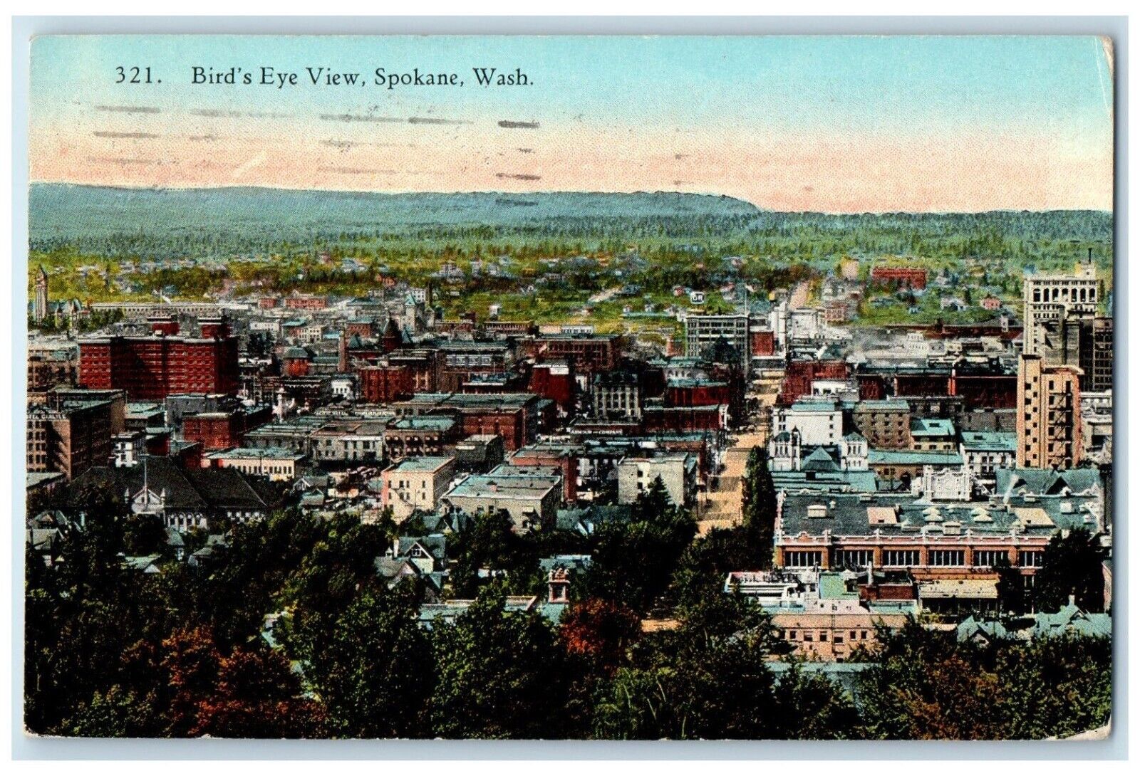 1926 Bird\'s Eye View Exterior Building Street Road Spokane Washington Postcard