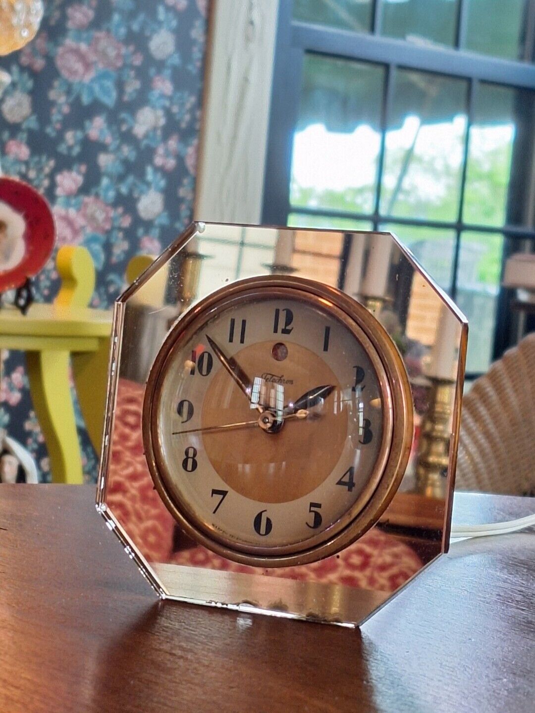 Telechron 3F65 Iris Rose Peach Mirror Glass Vintage Clock
