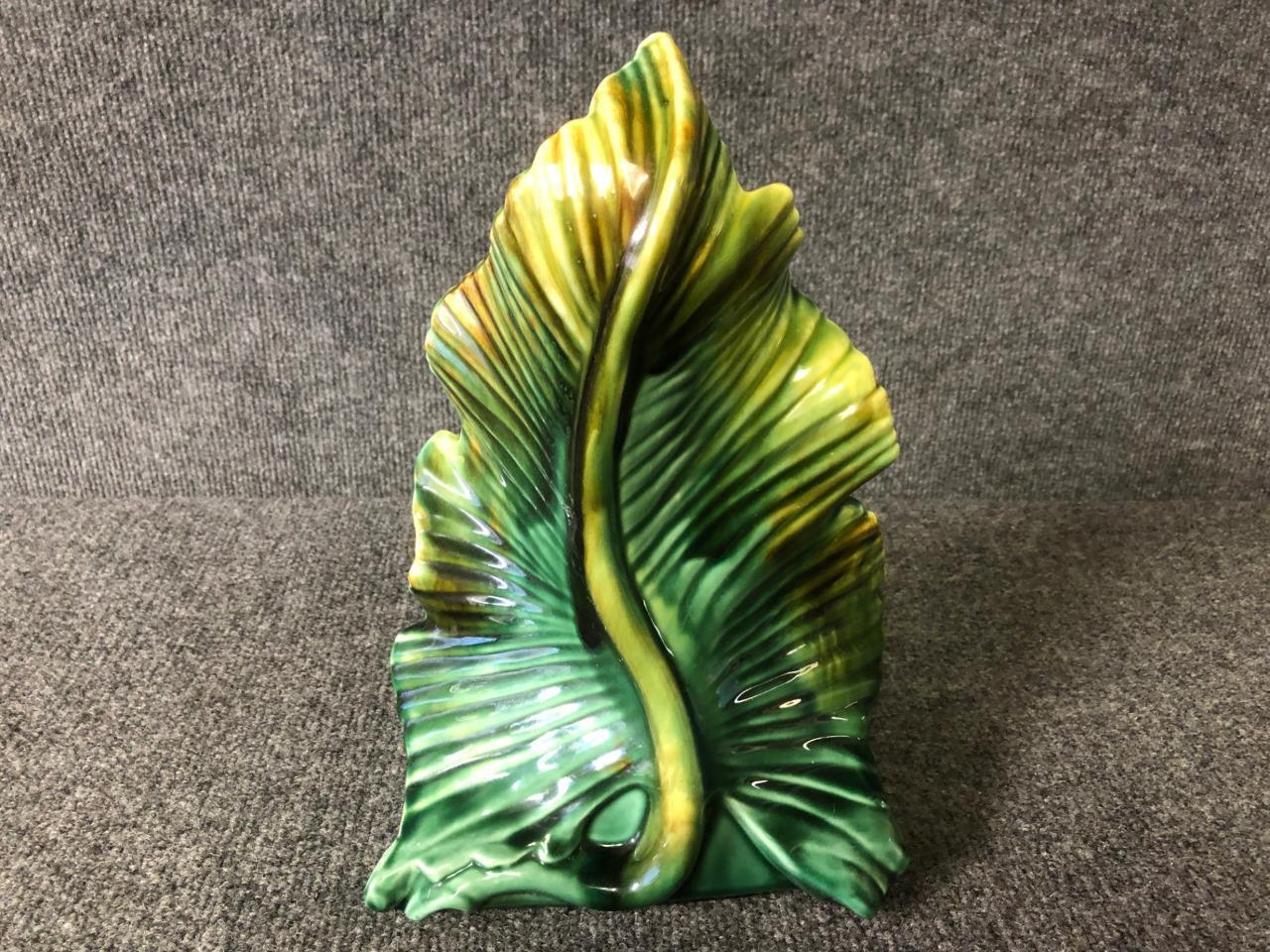 MCM Phil-Mar Green & Brown Glaze Ceramic Tropical Leaf TV Lamp