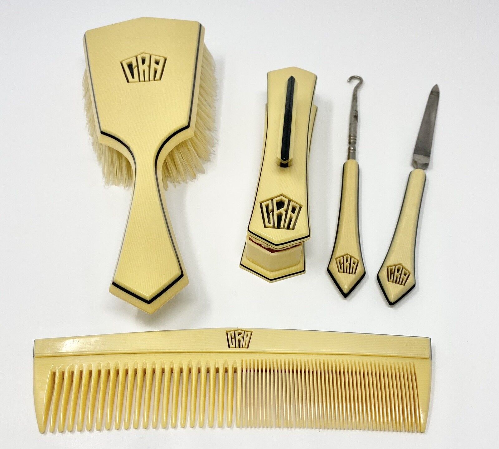 Vintage Tusculor Art Deco 5 Piece Vanity Set Comb Hair Brush Boot Lacer Buffer