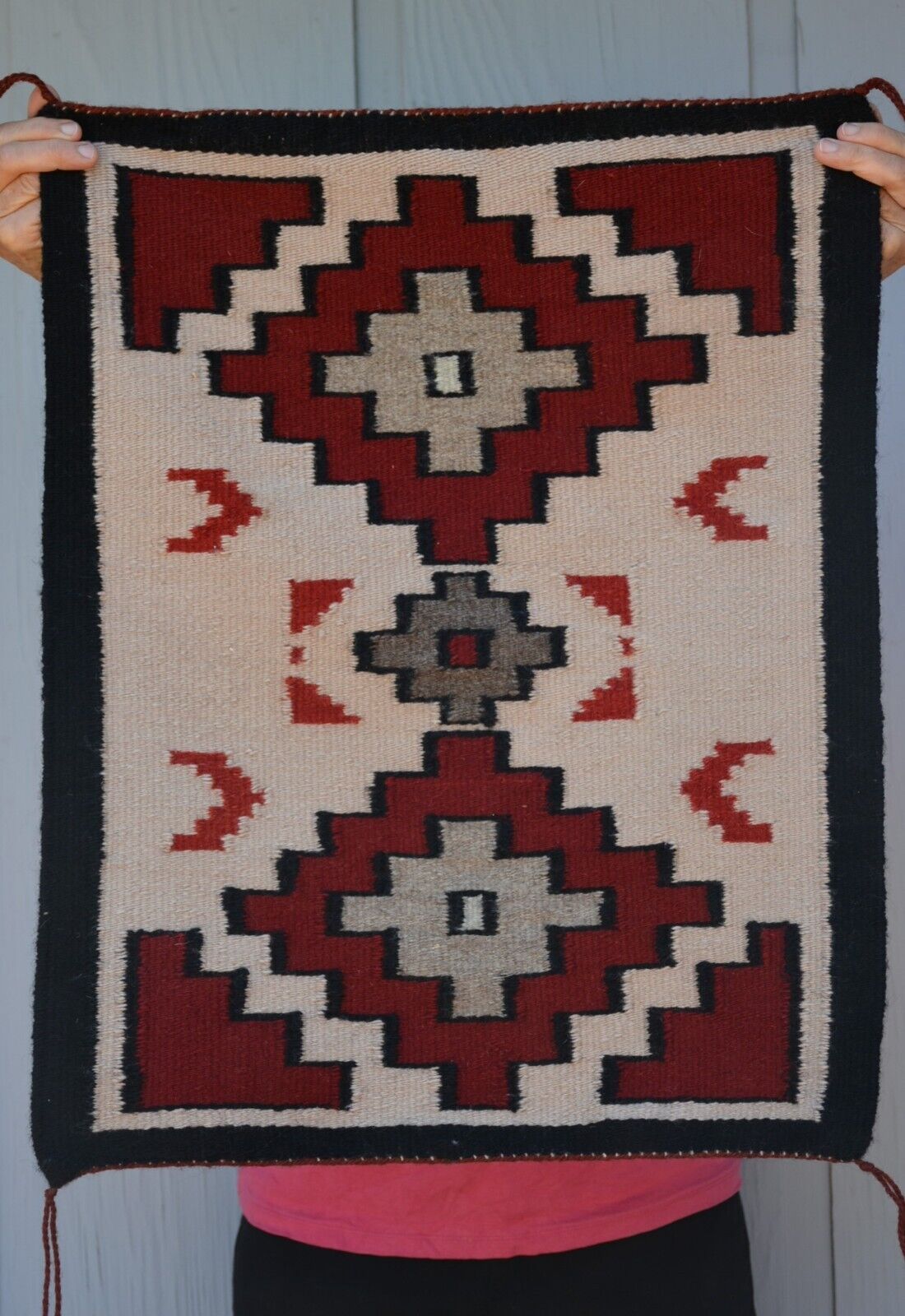Vintage Ganado Navajo Rug - Deep Red, Grey, Black - Stepped Diamond - 25