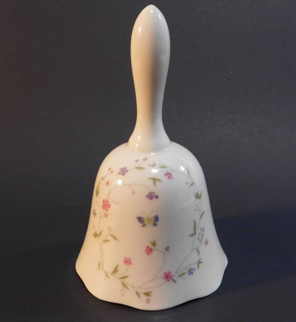 Vintage White Porcelain Bell Painted Butterfly Small Pink & Purple Flowers