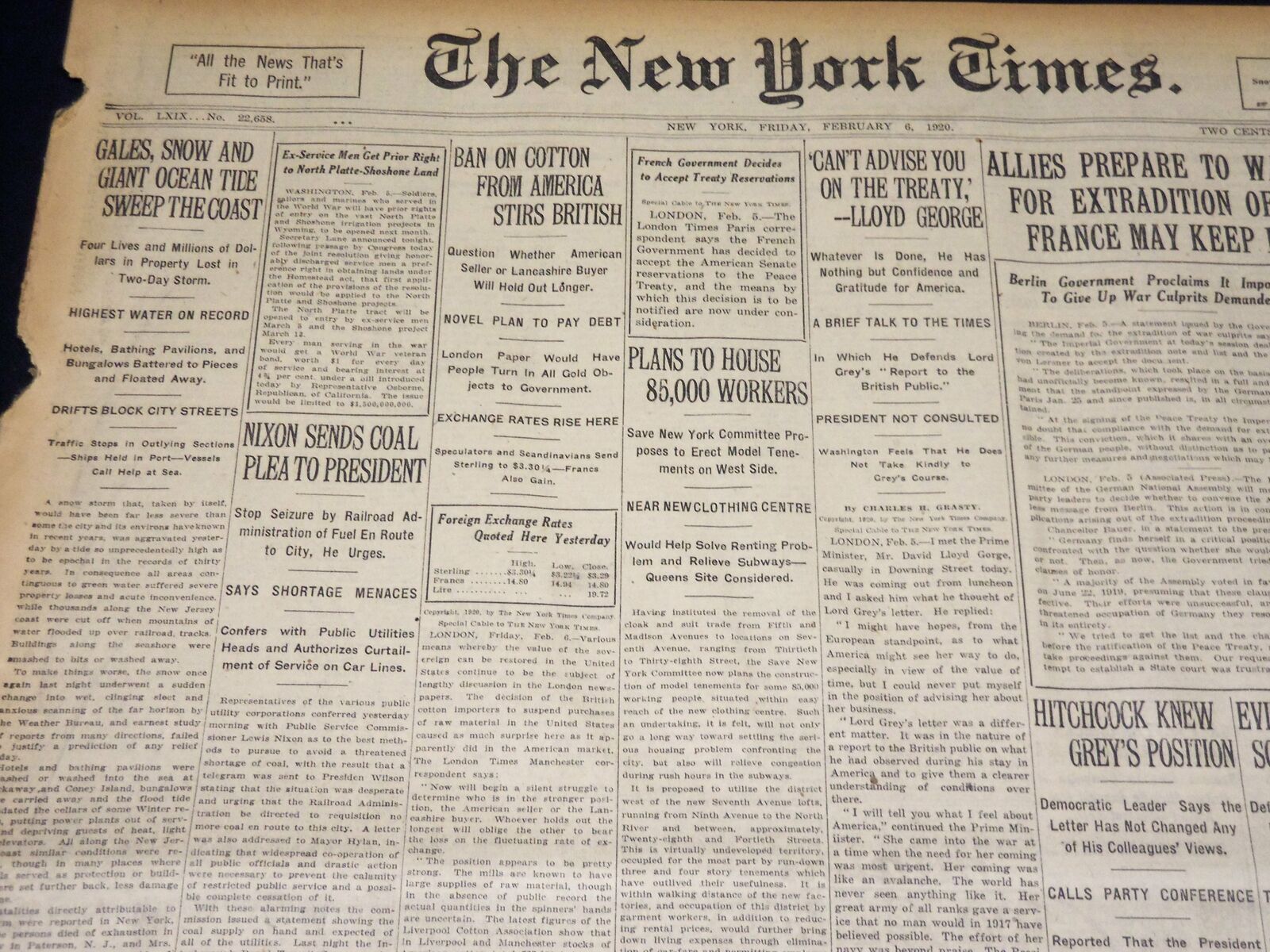 1920 FEBRUARY 6 NEW YORK TIMES - GALES & SNOW SWEPT THE COAST - NT 7862