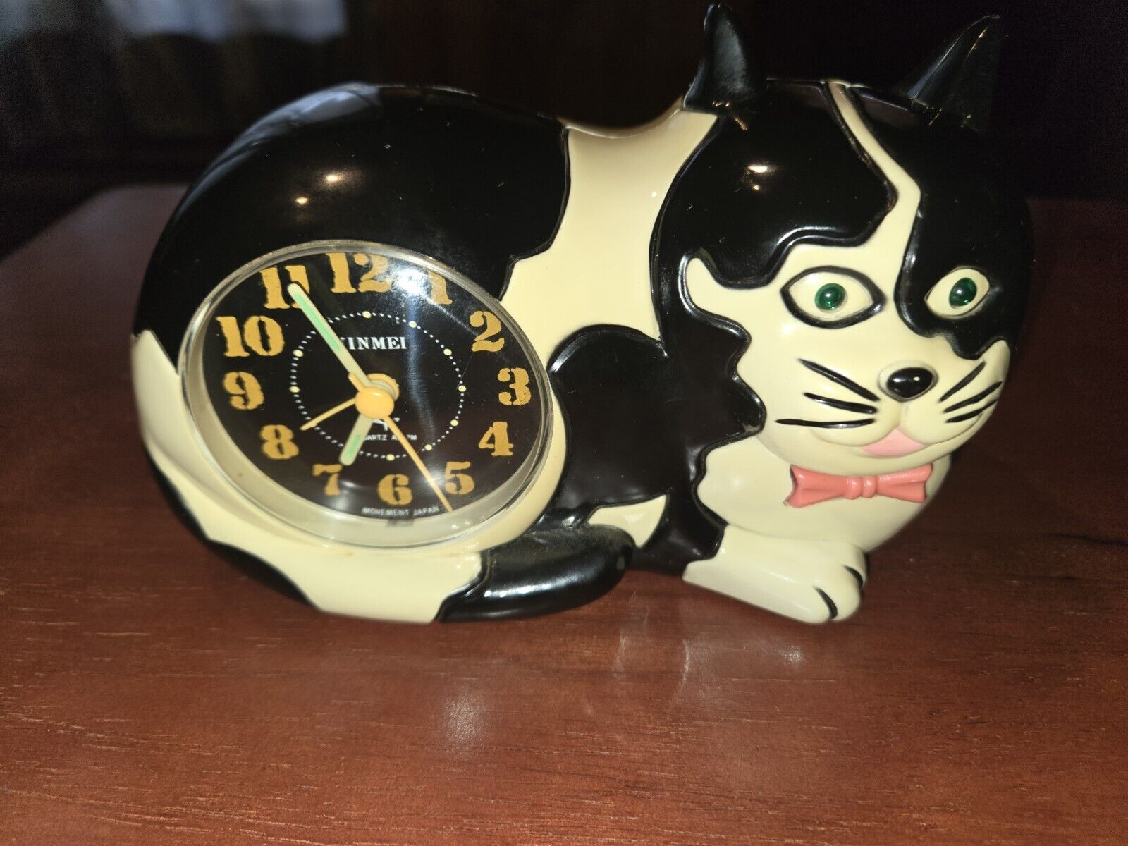 JINMEI Cat Alarm Clock W/Cat Meow Alarm SOUNDS Black/White RARE Vtg 1989 Japan