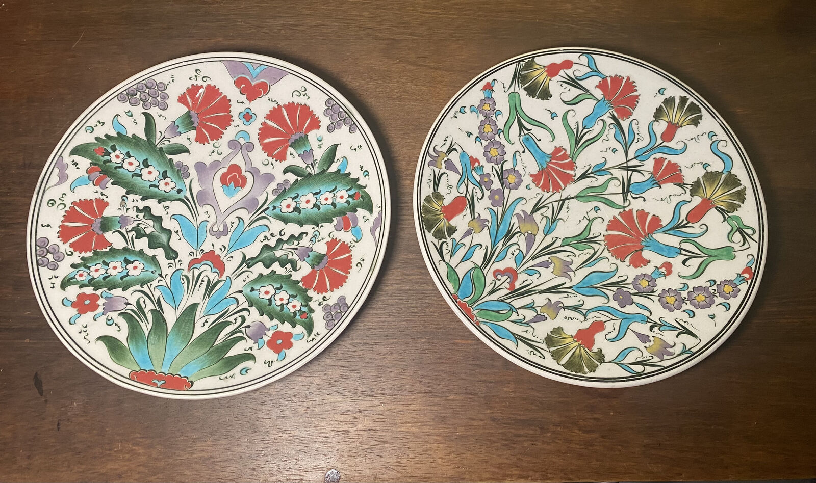 2 Vintage Turkish Iznik CINI Wall Floral 10” Hand Painted Plate