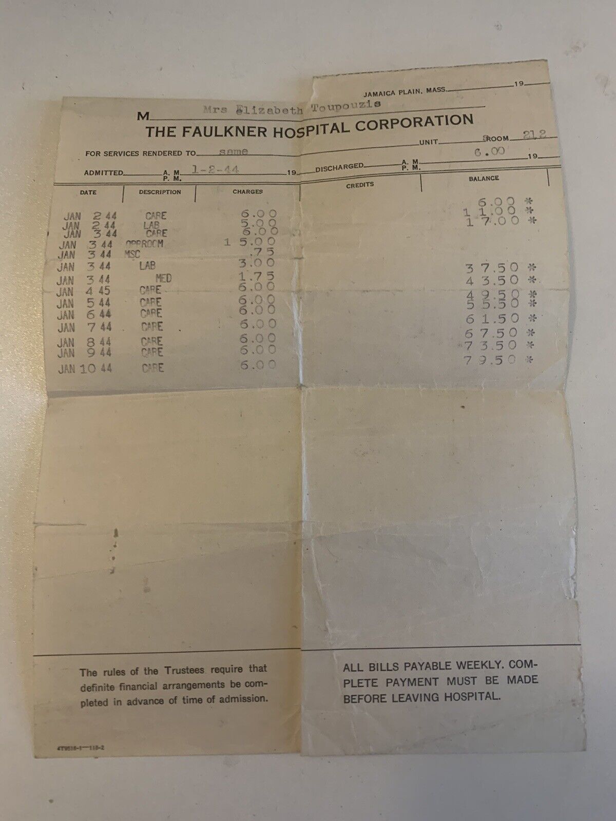 1944 Faulkner Hospital Corp. Vintage Bill Receipt ~ Jamaica Plain, Massachusetts