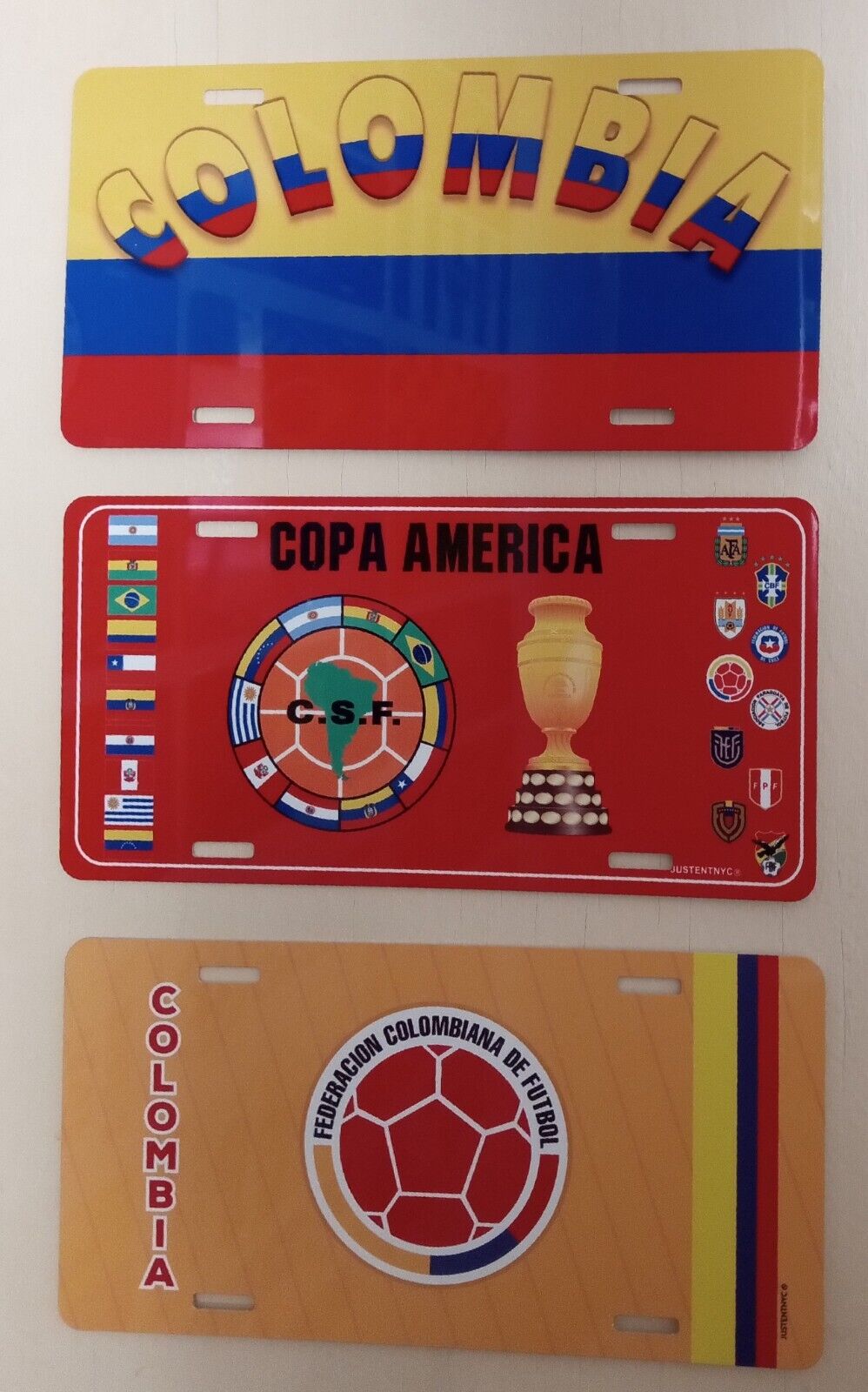 3 COLOMBIA GIFTS: 3 ASSORTED ALUMINUM LICENSE PLATES  MADE IN USA $45