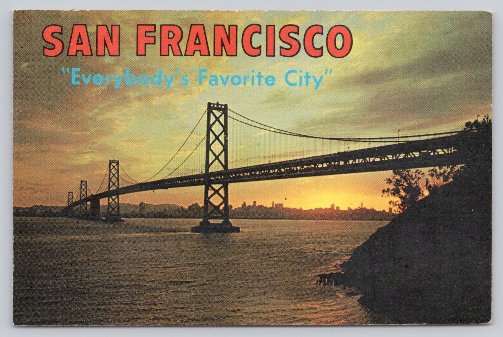 San Francisco California, Oakland Bay Bridge at Sunset, Vintage Postcard