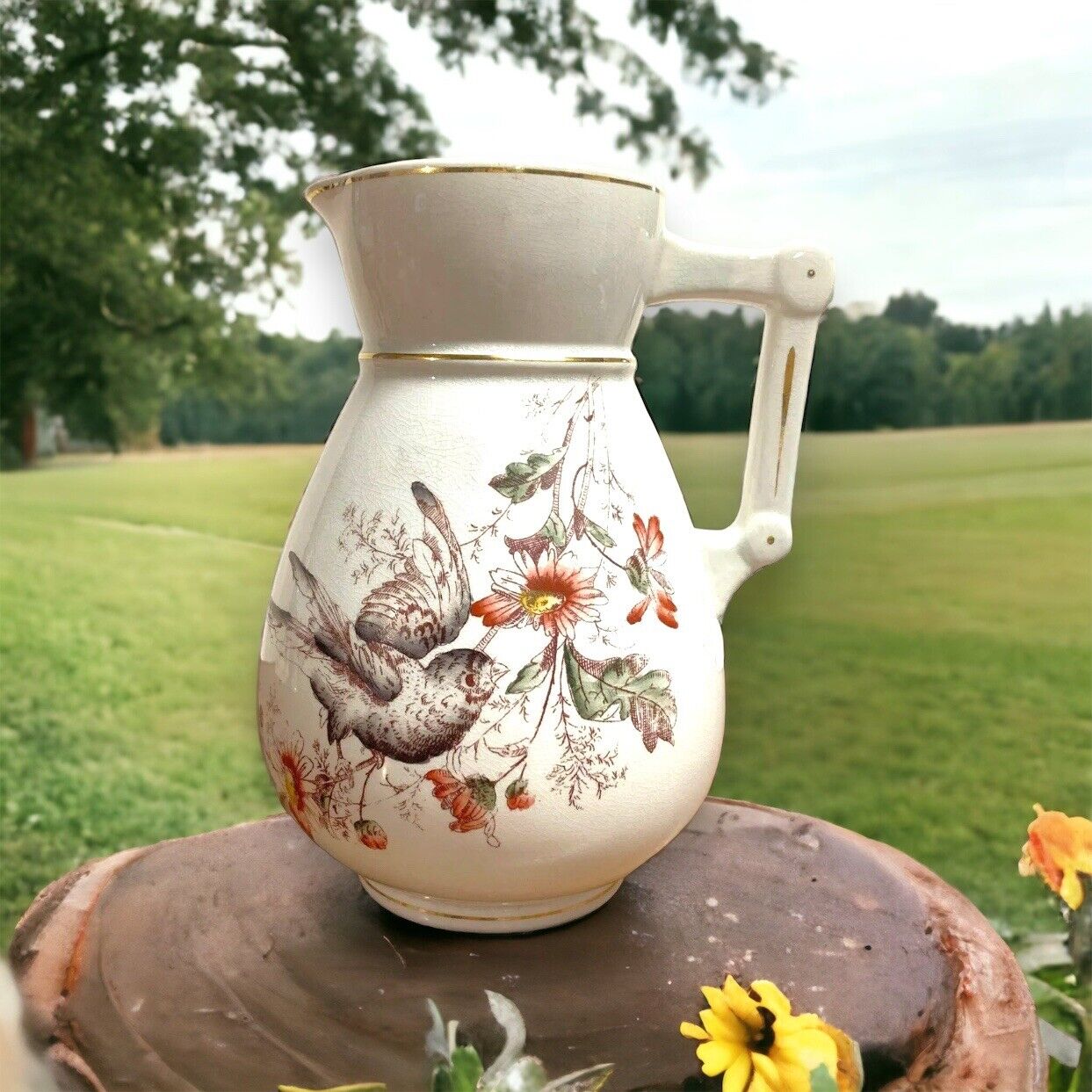 Antique Edwin Bennett Pottery Warranted Stone China Pitcher Birds and Flowers