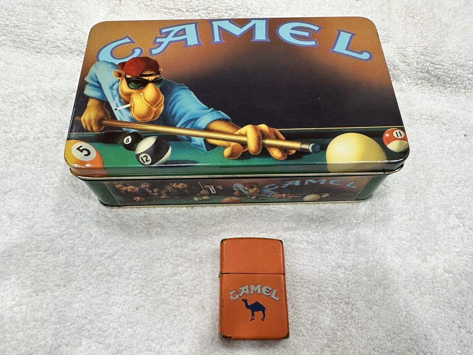 Vintage 1991 Camel Orange Matte Zippo Lighter & Camel Joe Pool Player Tin EMPTY
