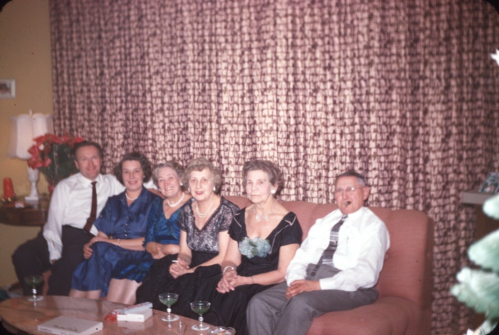 1958 Older Men Women in Suits Dresses Smoking on Couch Party Vintage 35mm Slide