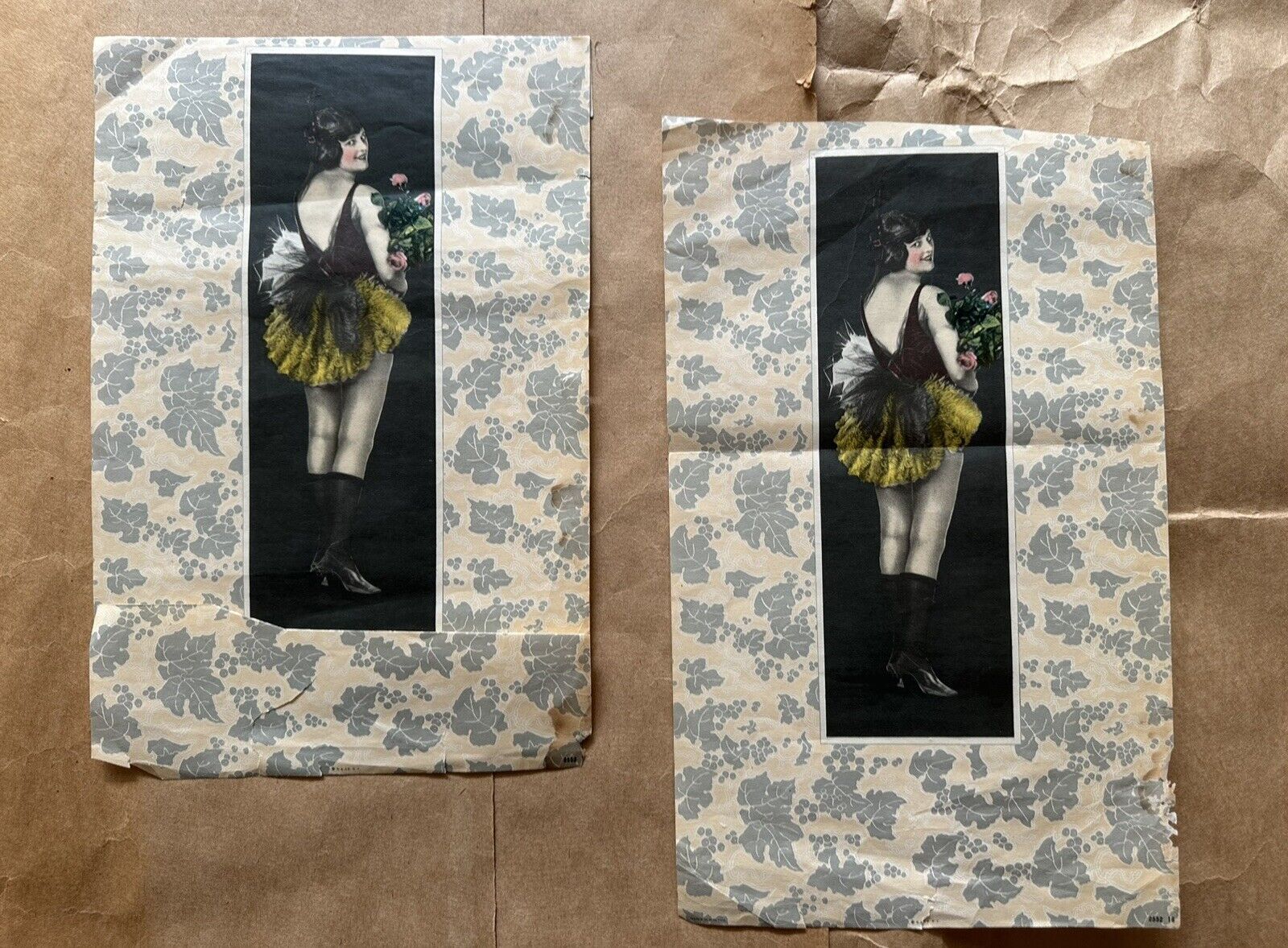 Antique 1910s risqué women in costumes floral paper prints lot of 2 (as is)