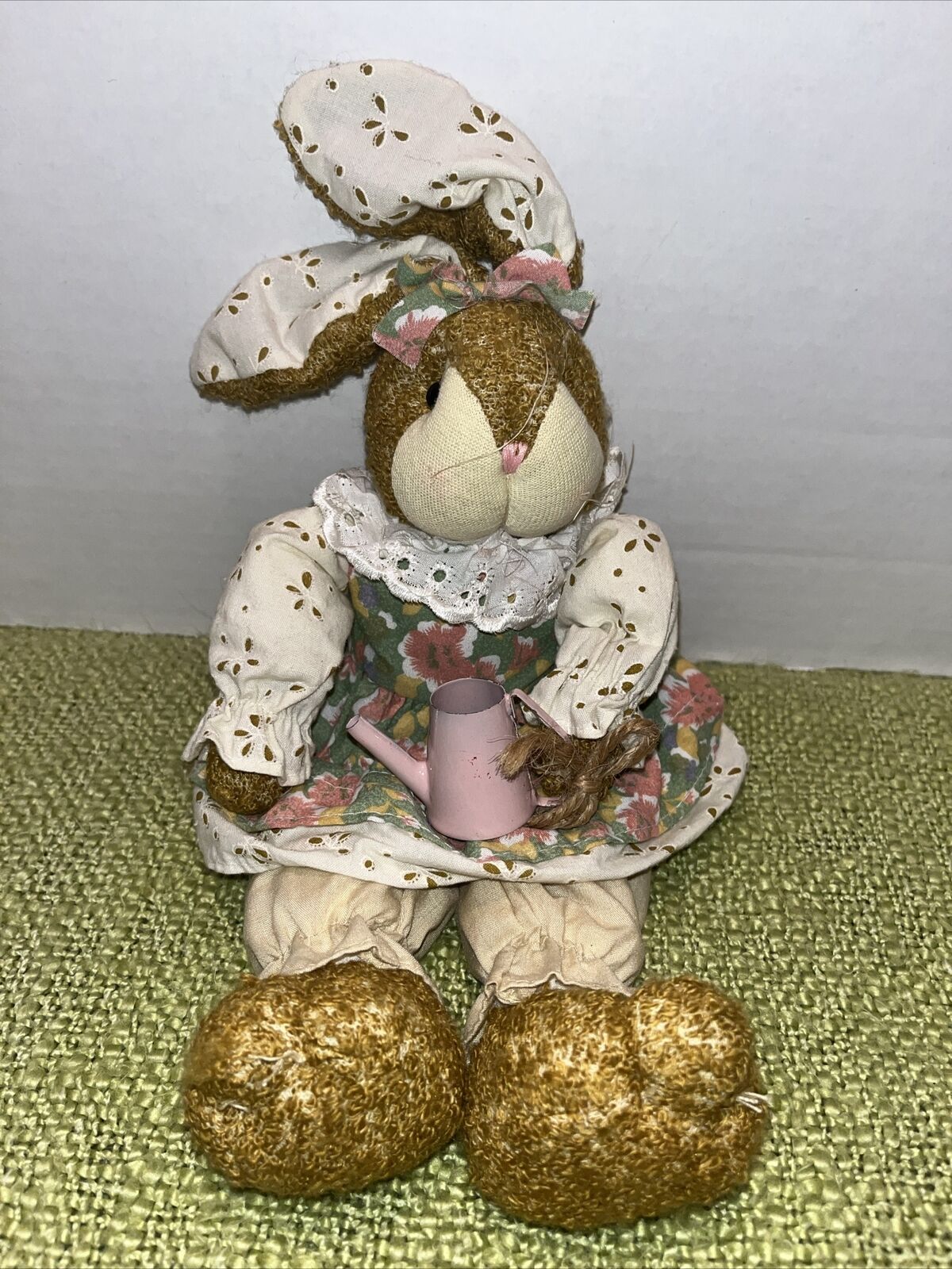 Vtg Spring Easter Bunny Rabbit Plush Country Decor Lace Floral Dress Gardener