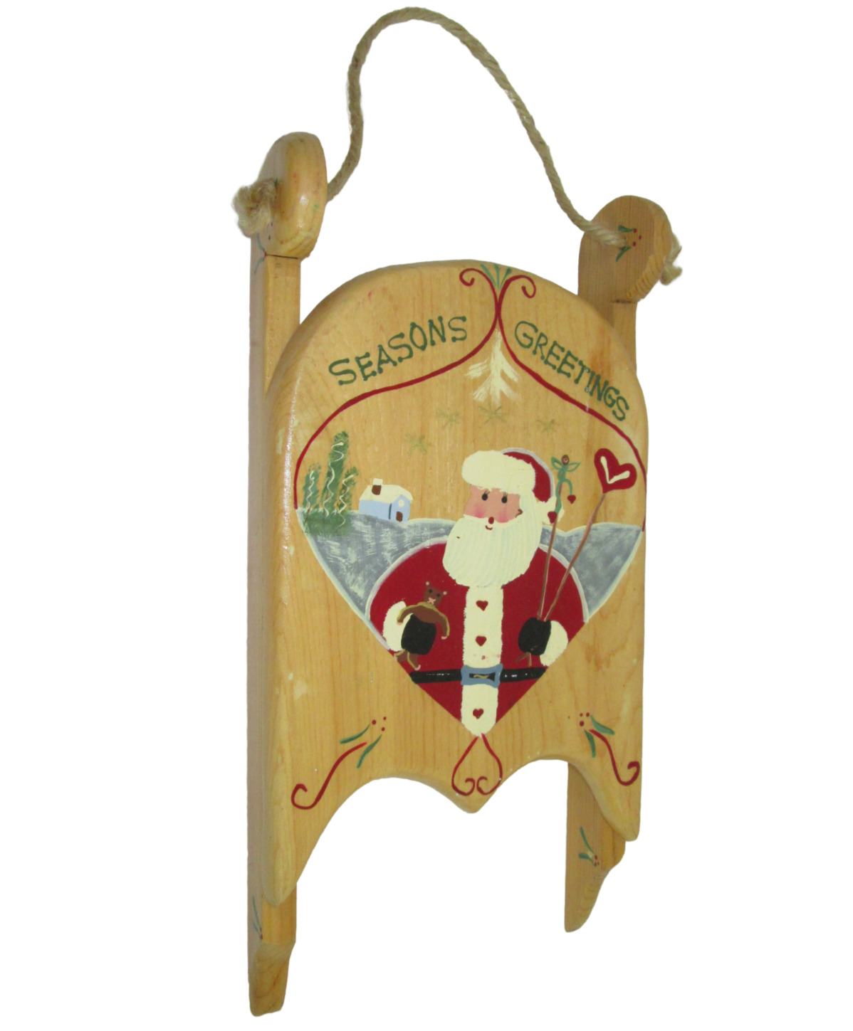 Christmas Wood Sled Hand Crafted In Mexico Santa Claus Decoration Painted 1995