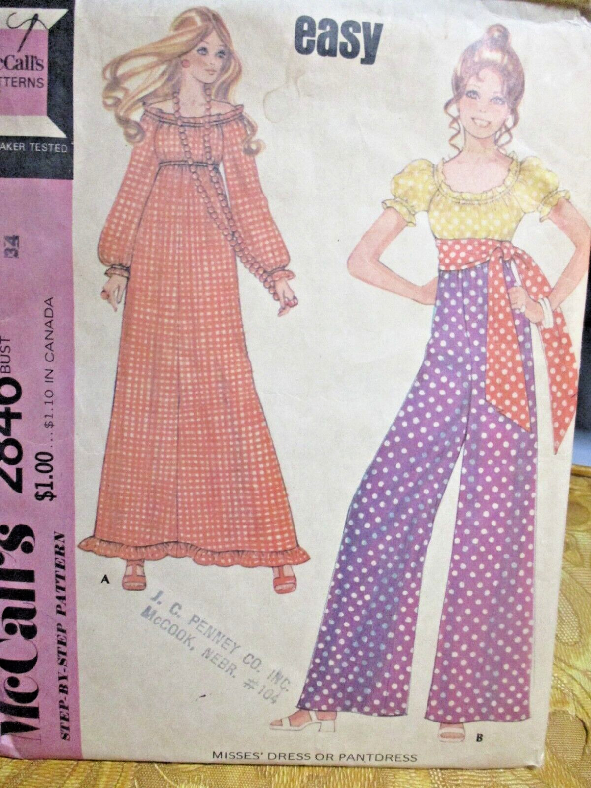 Vintage 70's McCall's 2846 Hippy Summer Dress & Pantdress Sewing Pattern- 12 34