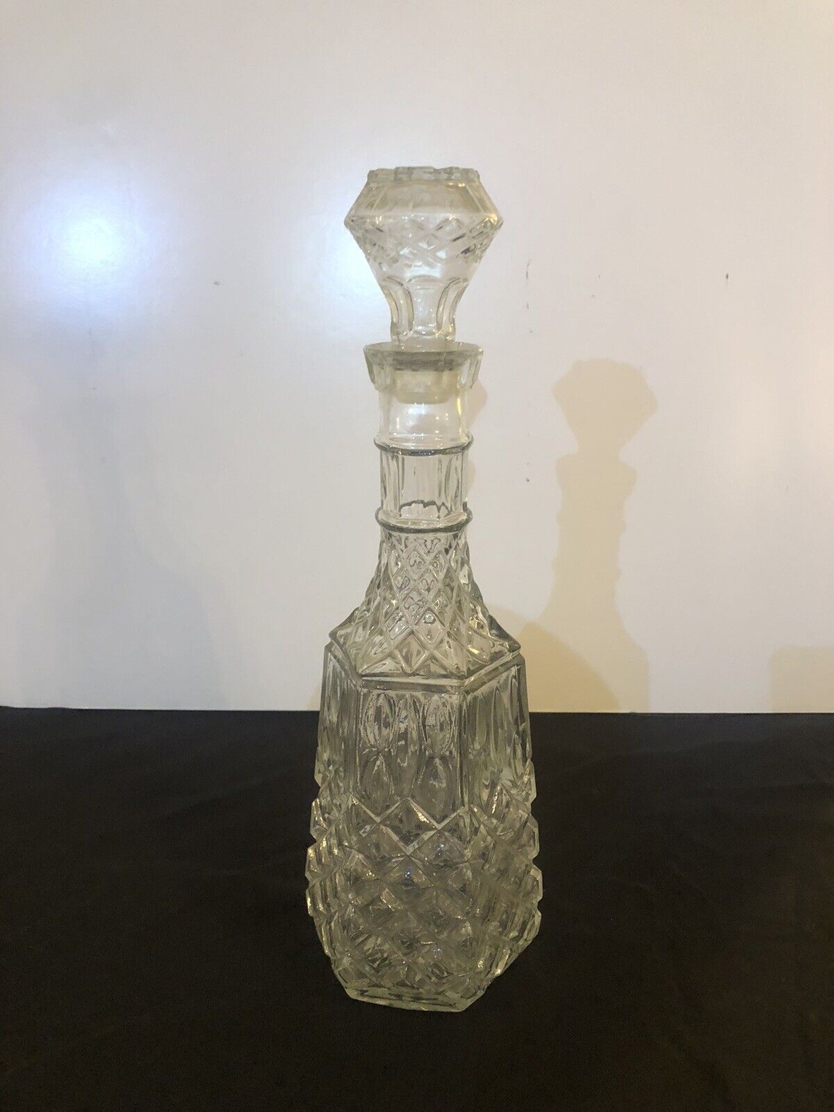 Vintage clear Glass hexagonal bottle decanter w stopper diamond & flower 15