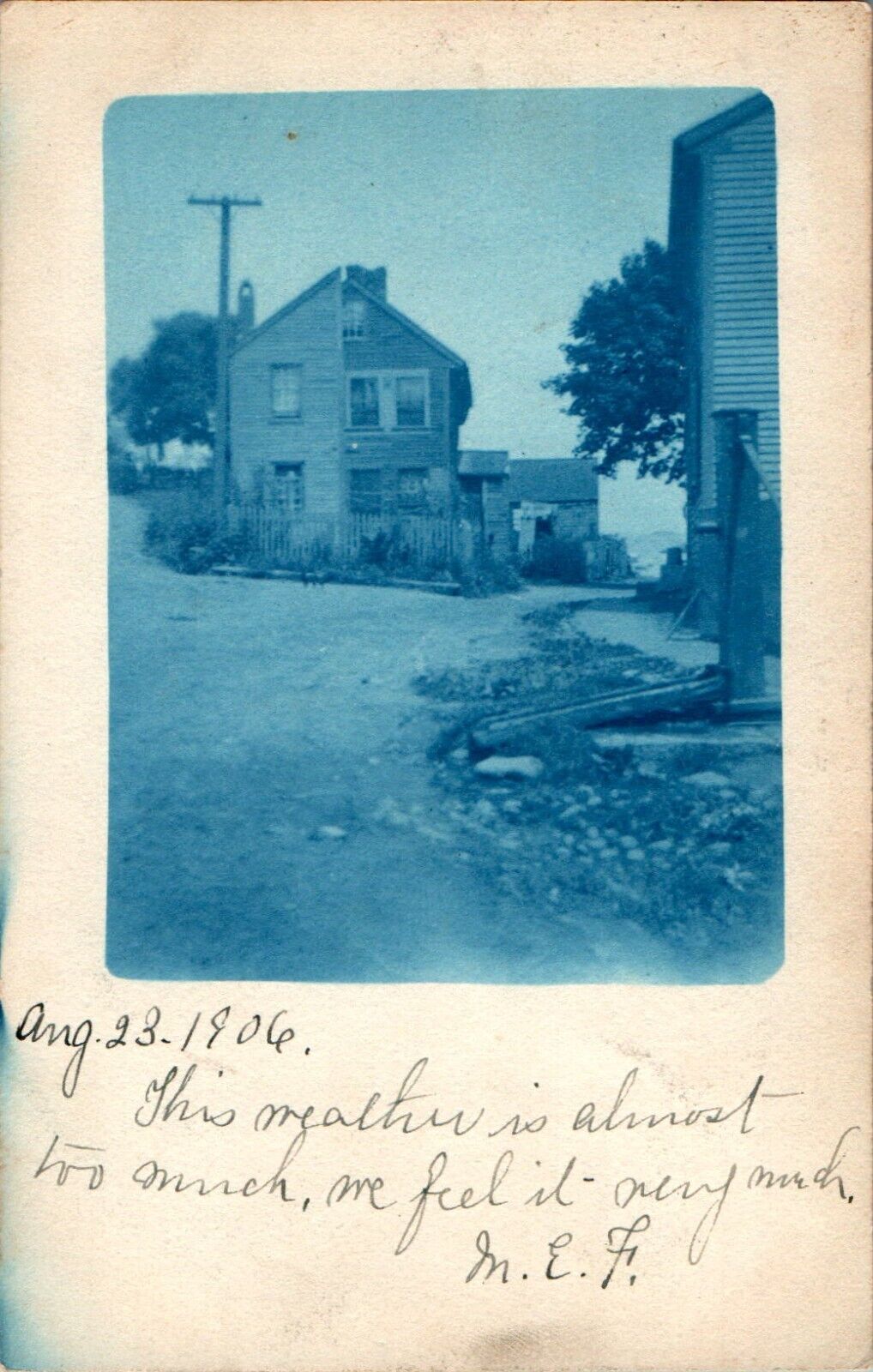 House, Trees, Telegraph Line Cyanotype 1906 Postcard