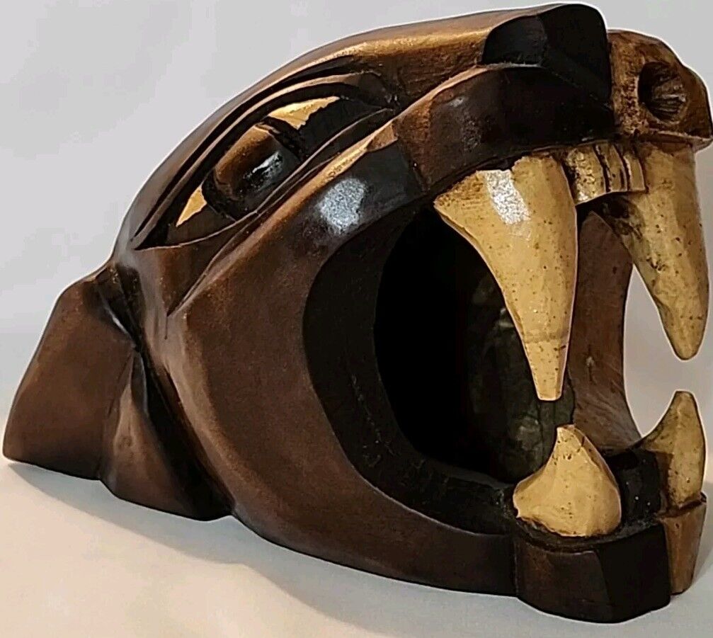 Vtg Mayan Carved Wood Black Panther/Jaguar Cat Head/Skull Folk Art Sculpture EUC