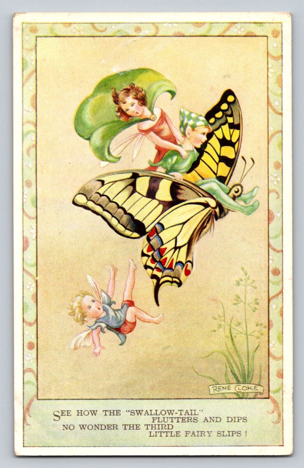 c1910 Fantasy Signed Rene Cloke Fairies Fly On Butterfly P591